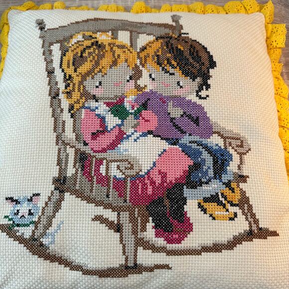 Vintage Needlepoint Pillow Children on a Rocking Chair Ruffle Trim Handmade 80s - Picture 2 of 9